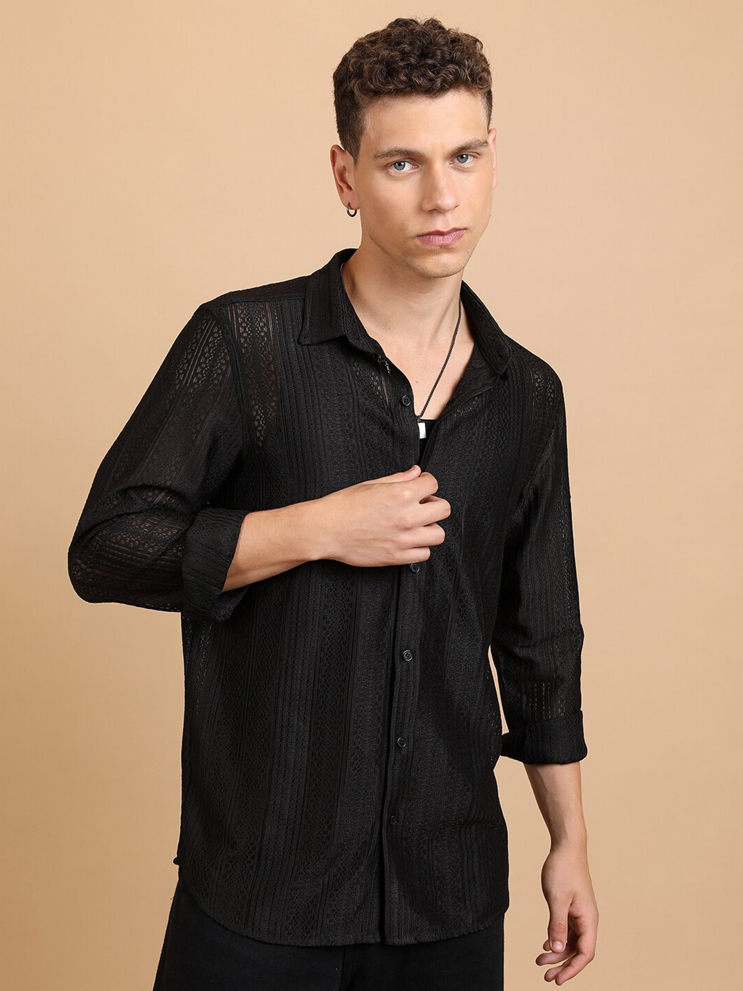 

HIGHLANDER Men Textured Crochet Relaxed Shirt, Black