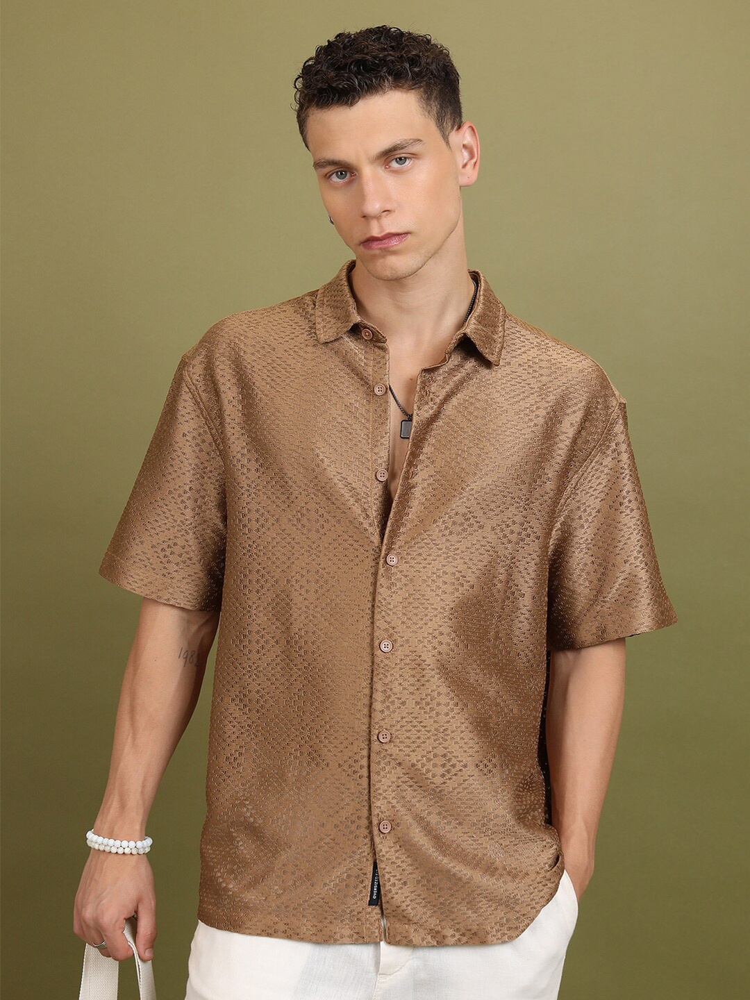 

HIGHLANDER Self Design Drop-Shoulder Sleeves Crochet Oversized Casual Shirt, Brown
