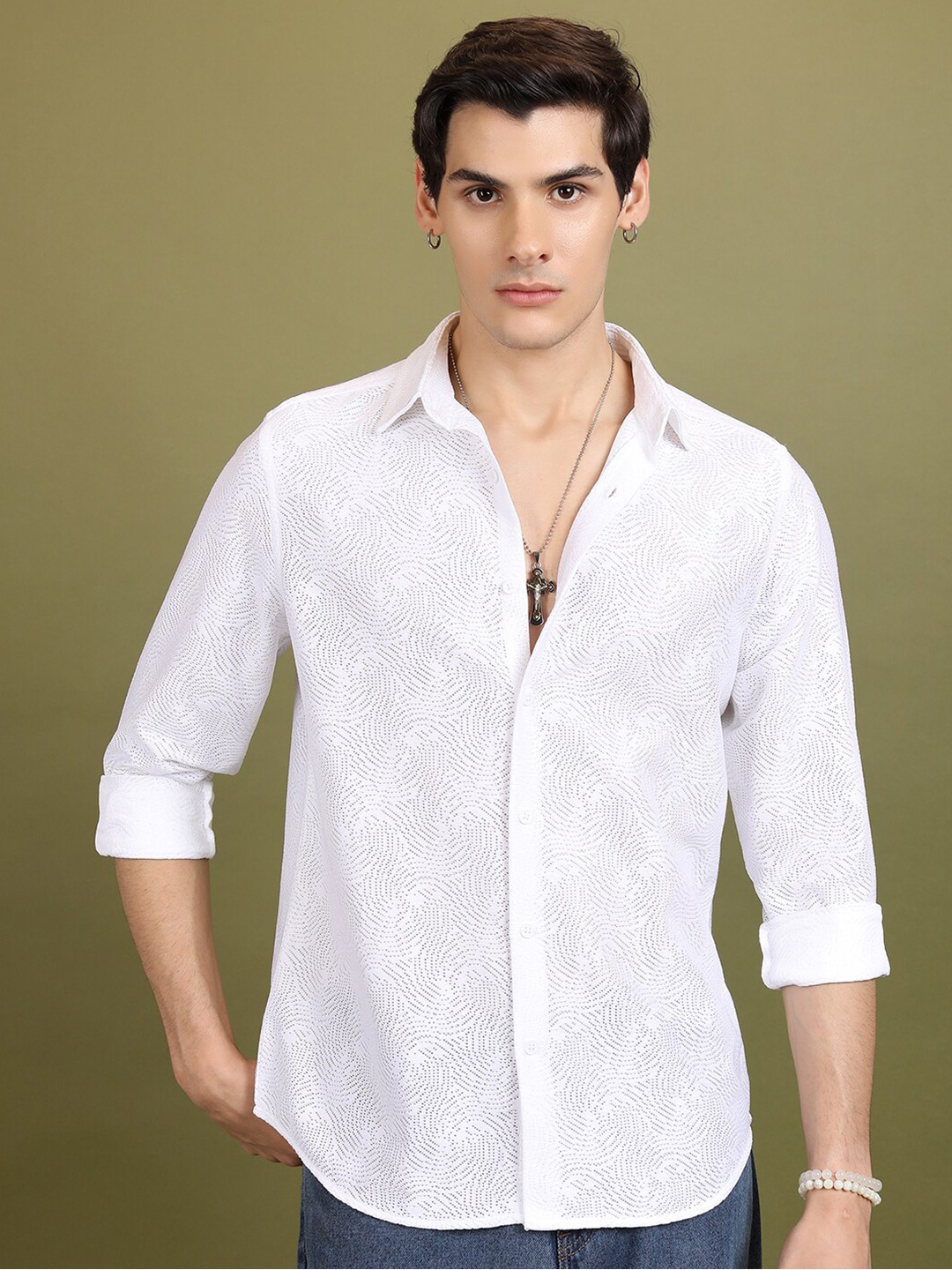 

HIGHLANDER Self Design Drop-Shoulder Sleeves Crochet Oversized Casual Shirt, White