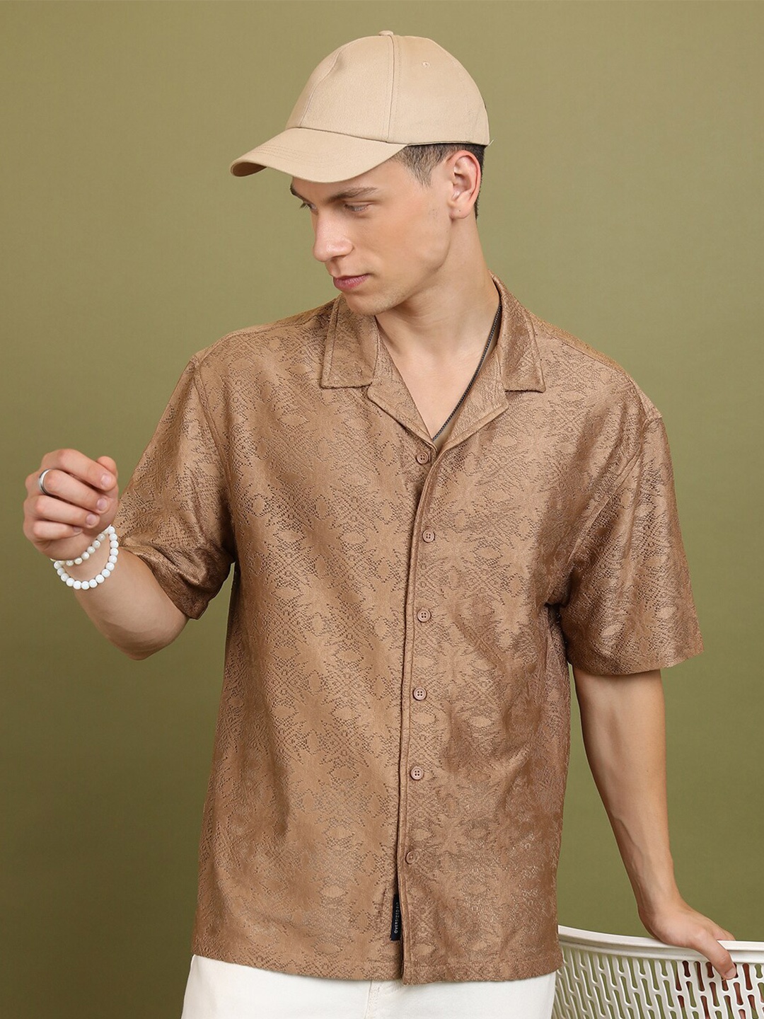 

HIGHLANDER Self Design Cuban Collar Drop-Shoulder Sleeves Crochet Oversized Casual Shirt, Brown