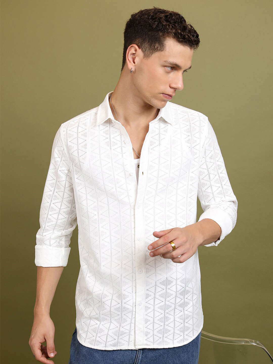 

HIGHLANDER White Relaxed Fit Textured Semi Sheer Cuban Collar Casual Crochet Shirt