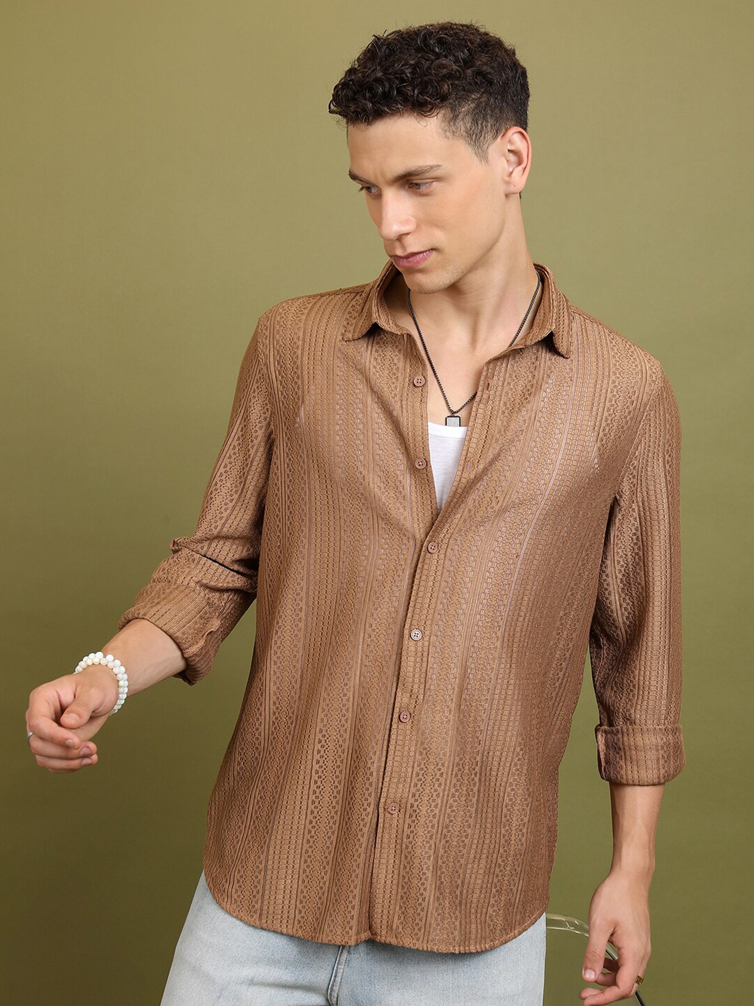 

HIGHLANDER Beige Relaxed Fit Textured Semi Sheer Cuban Collar Crochet Shirt