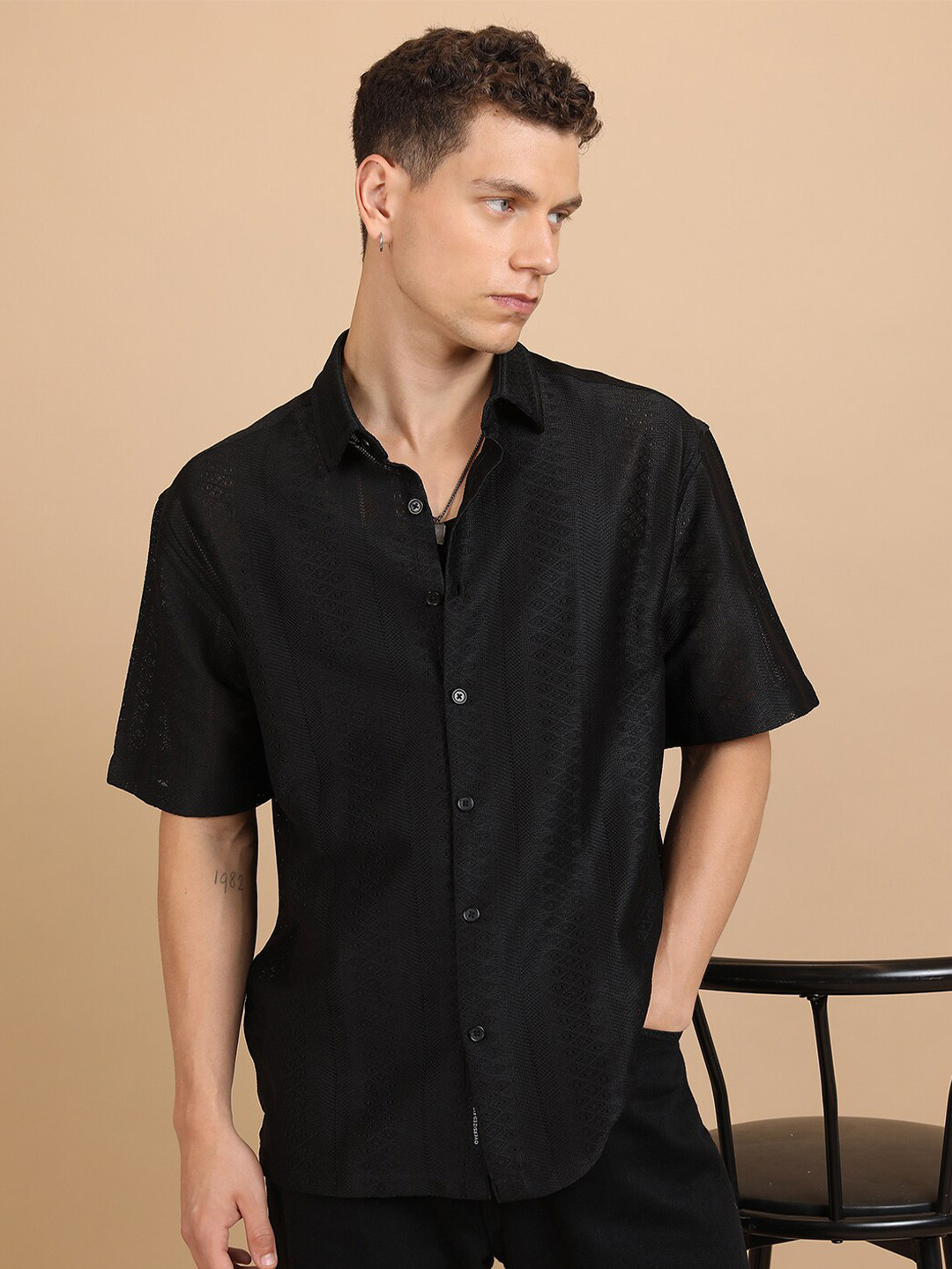 

HIGHLANDER Black Textured Cuban Collar Drop-Shoulder Sleeves Oversized Crochet Shirt