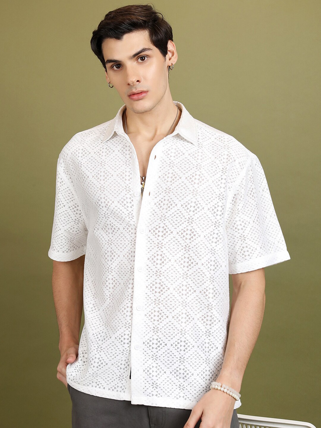 

HIGHLANDER White Textured Crochet Crochet Drop Shoulder Oversized Shirt