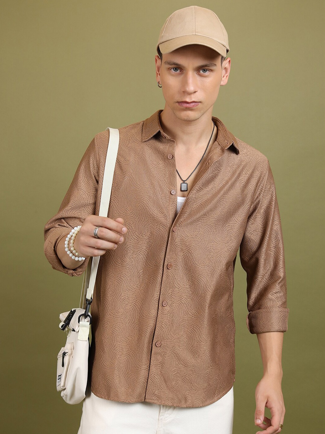 

HIGHLANDER Brown Self Design Textured Crochet Oversized Casual Shirt