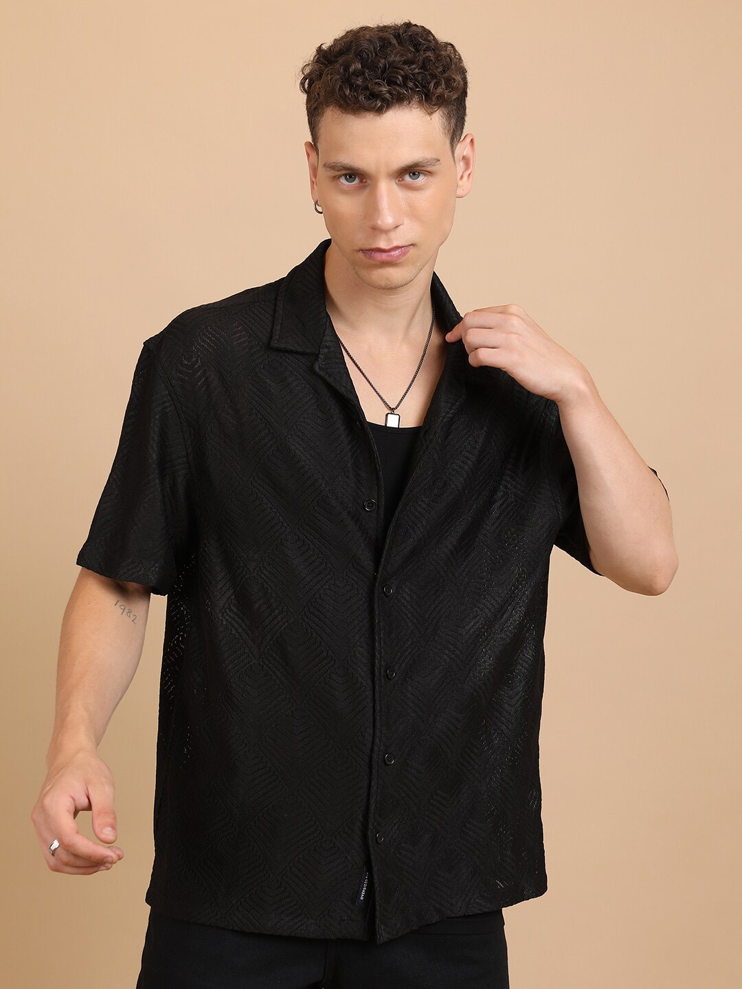 

HIGHLANDER Black Textured Crochet Cuban Collar Oversized Shirt