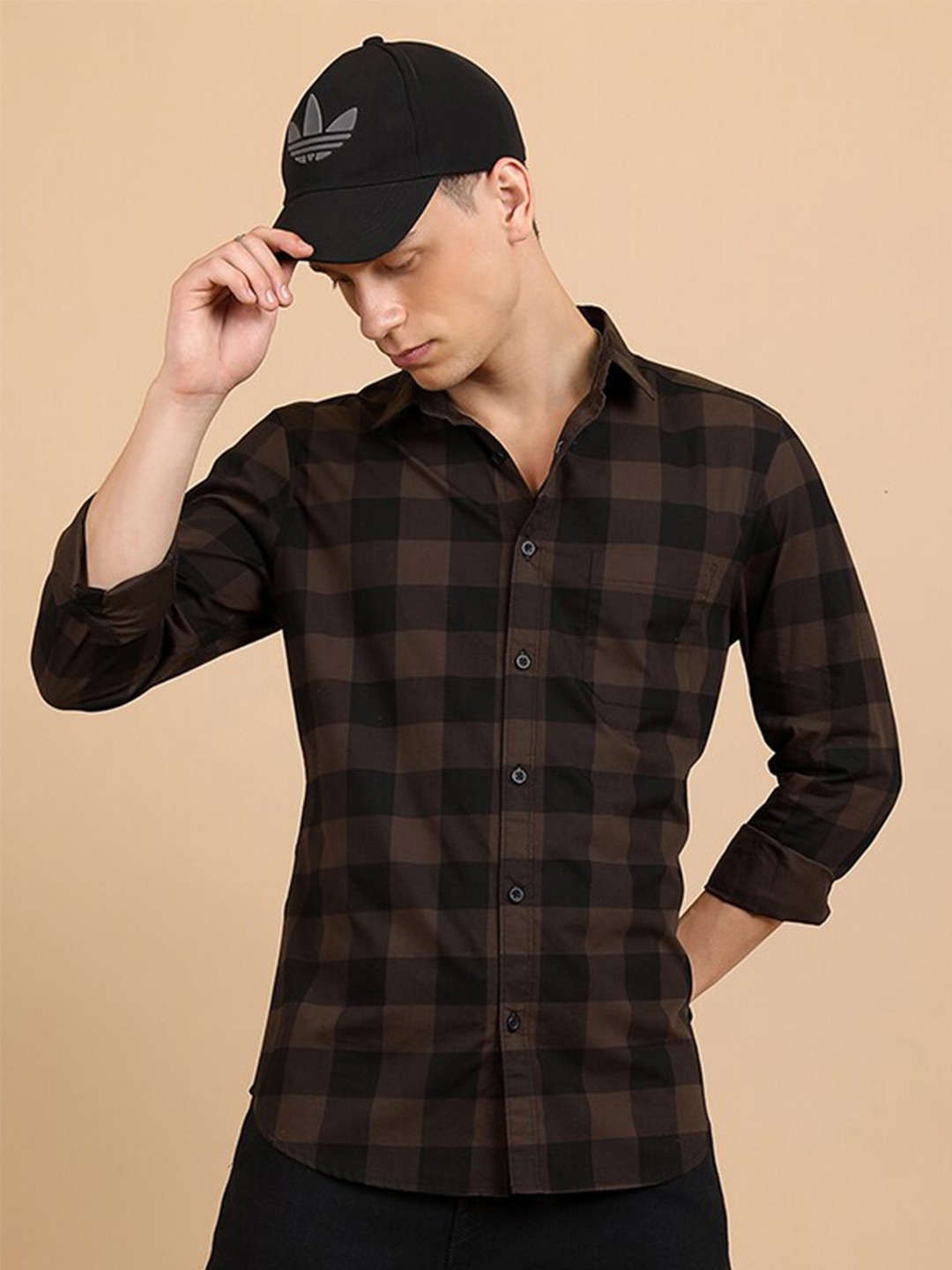 

HIGHLANDER Brown & Black Buffalo Checked Slim Fit Cotton Casual Shirt