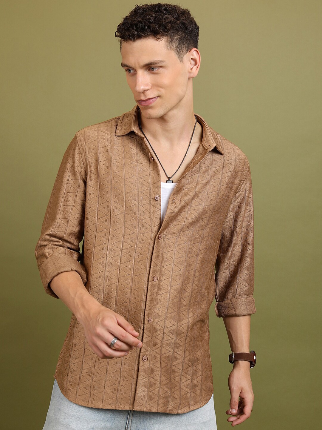 

HIGHLANDER Brown Self Design Textured Crochet Oversized Casual Shirt