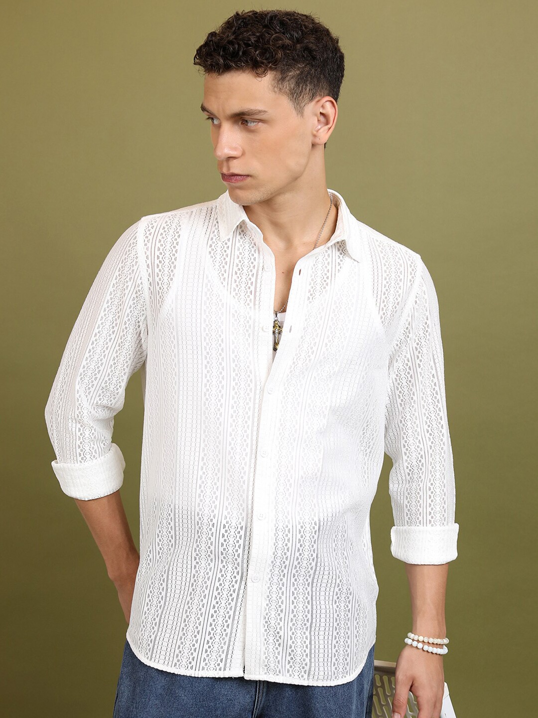 

HIGHLANDER White Self Design Textured Crochet Casual Shirt
