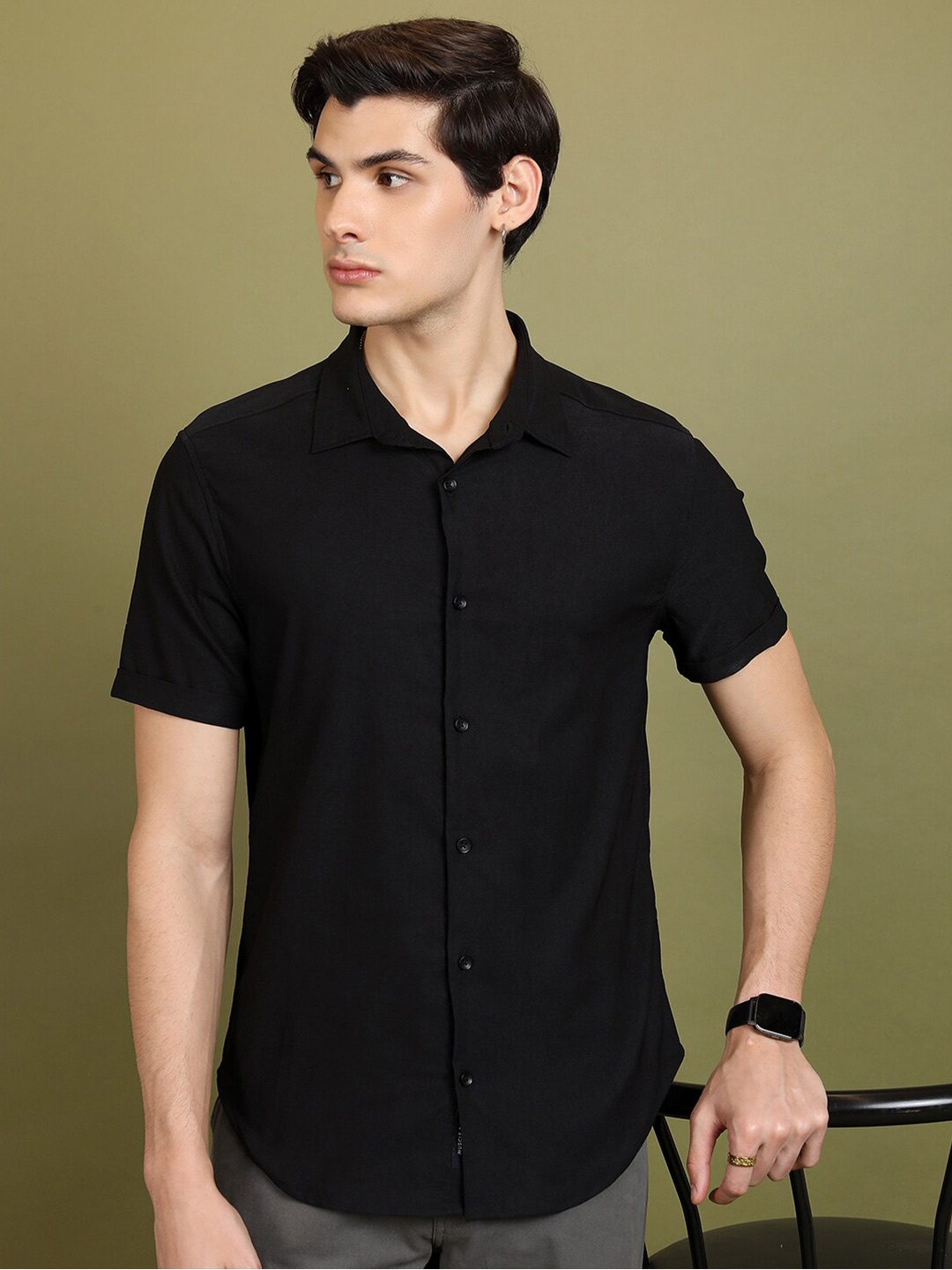 

KETCH Slim Fit Spread Collar Short Sleeves Casual Shirt, Black