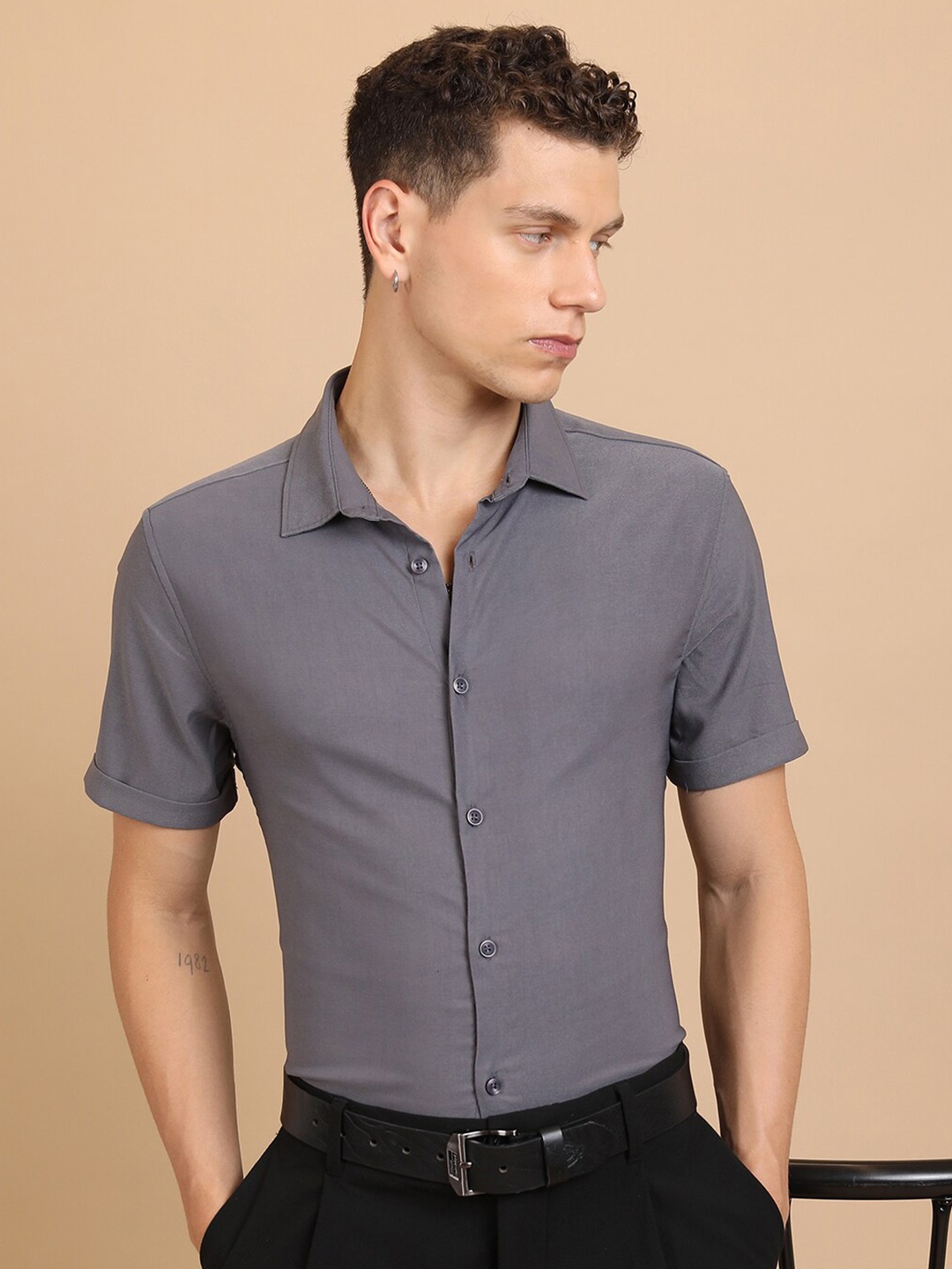 

KETCH Slim Fit Spread Collar Short Sleeves Casual Shirt, Grey