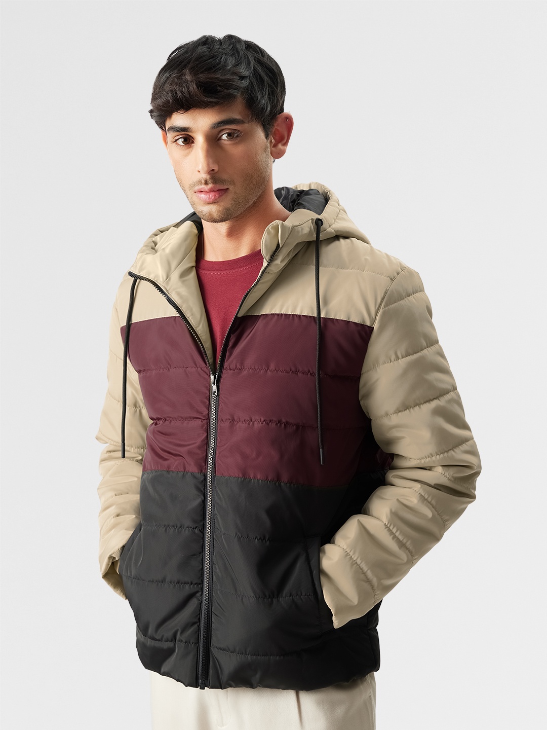 

The Souled Store Colourblocked Lightweight Quilted Jacket, Beige