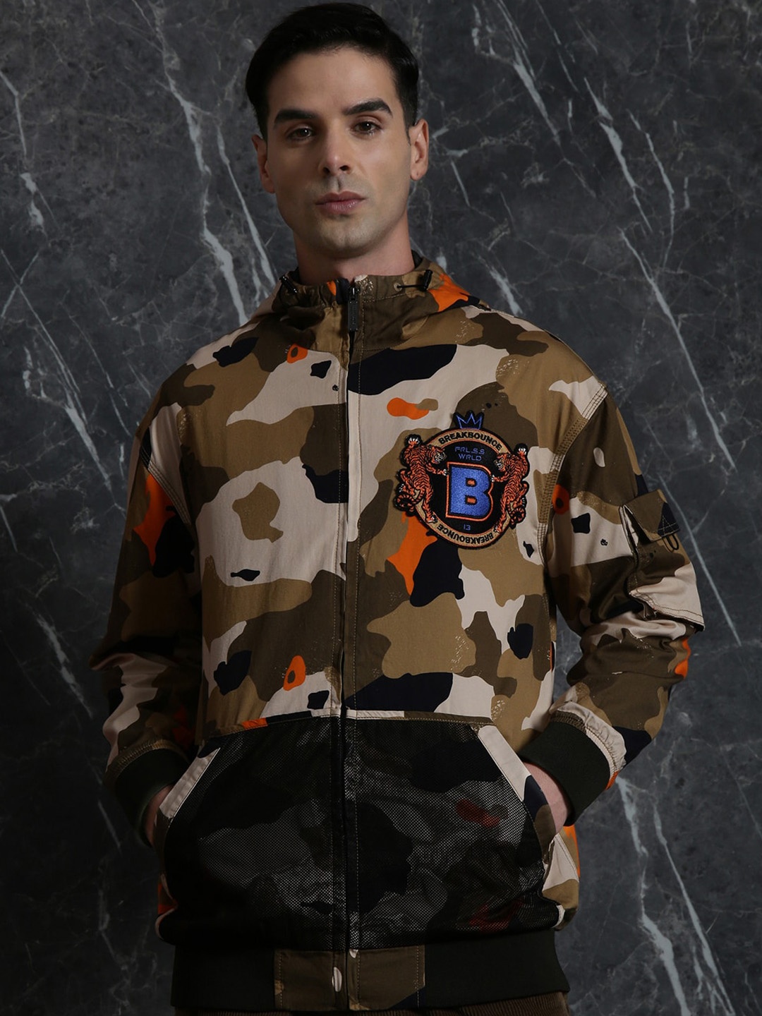 

Breakbounce Olive Green Camouflage Printed Mock Collar Oversized Cotton Bomber Jacket