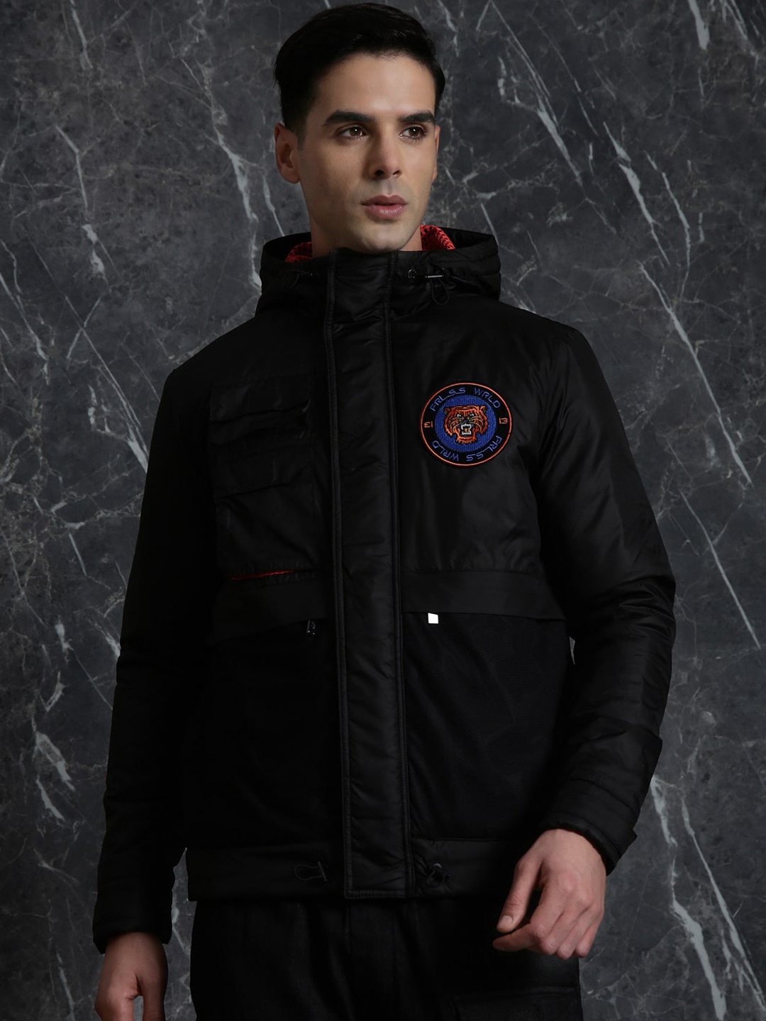 

Breakbounce Black Mock Collar Relaxed Fit Patchwork Tailored Jacket
