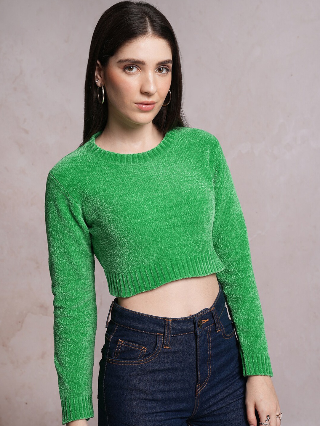 

Tokyo Talkies Green Round Neck Acrylic Crop Pullover