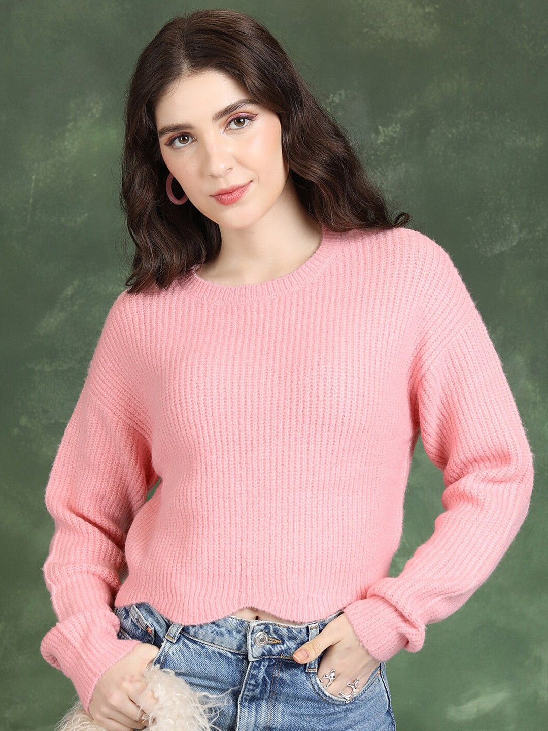 

Tokyo Talkies Pink Ribbed Acrylic Pullover