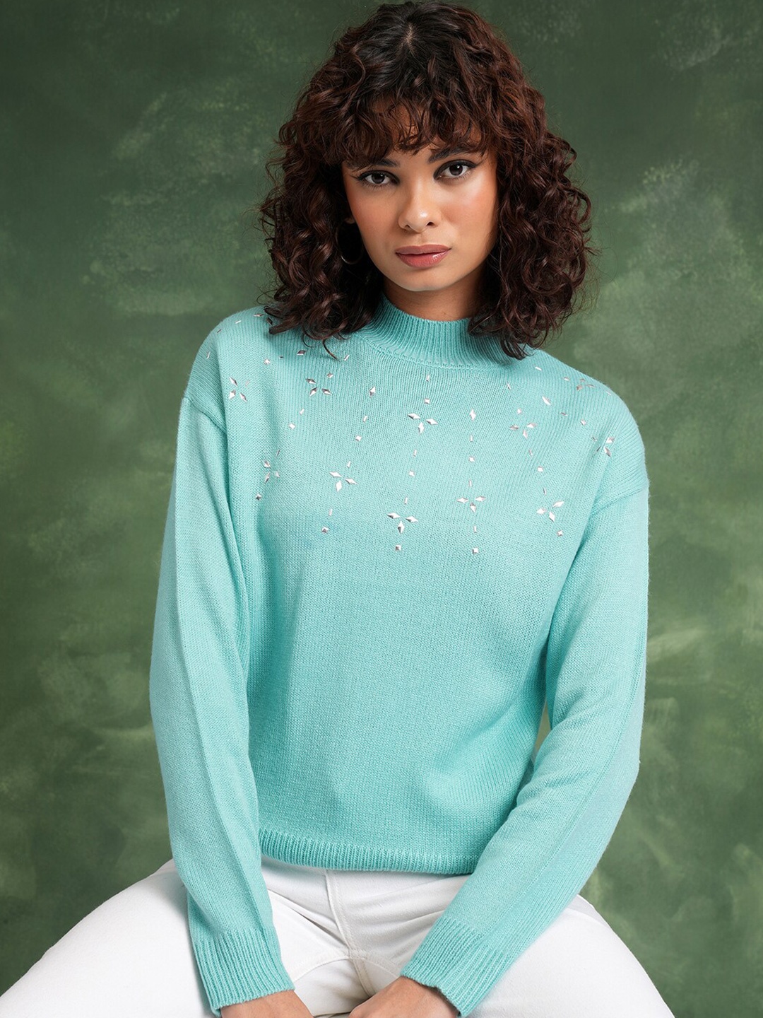 

Tokyo Talkies Blue Ribbed High Neck Acrylic Pullover