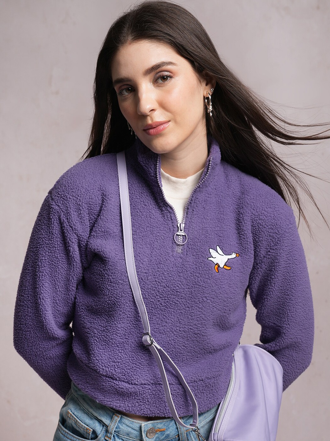 

Tokyo Talkies Purple Self Design Long Sleeve Zip Detail Crop Pullover Sweatshirt