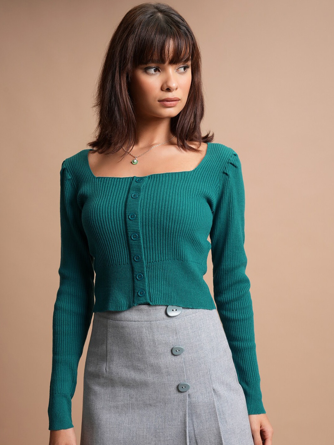 

Tokyo Talkies Teal Ribbed Square Neck Acrylic Crop Cardigan