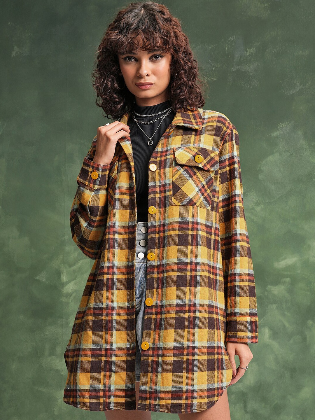 

Tokyo Talkies Tartan Checked Oversized Longline Flannel Shirt, Mustard