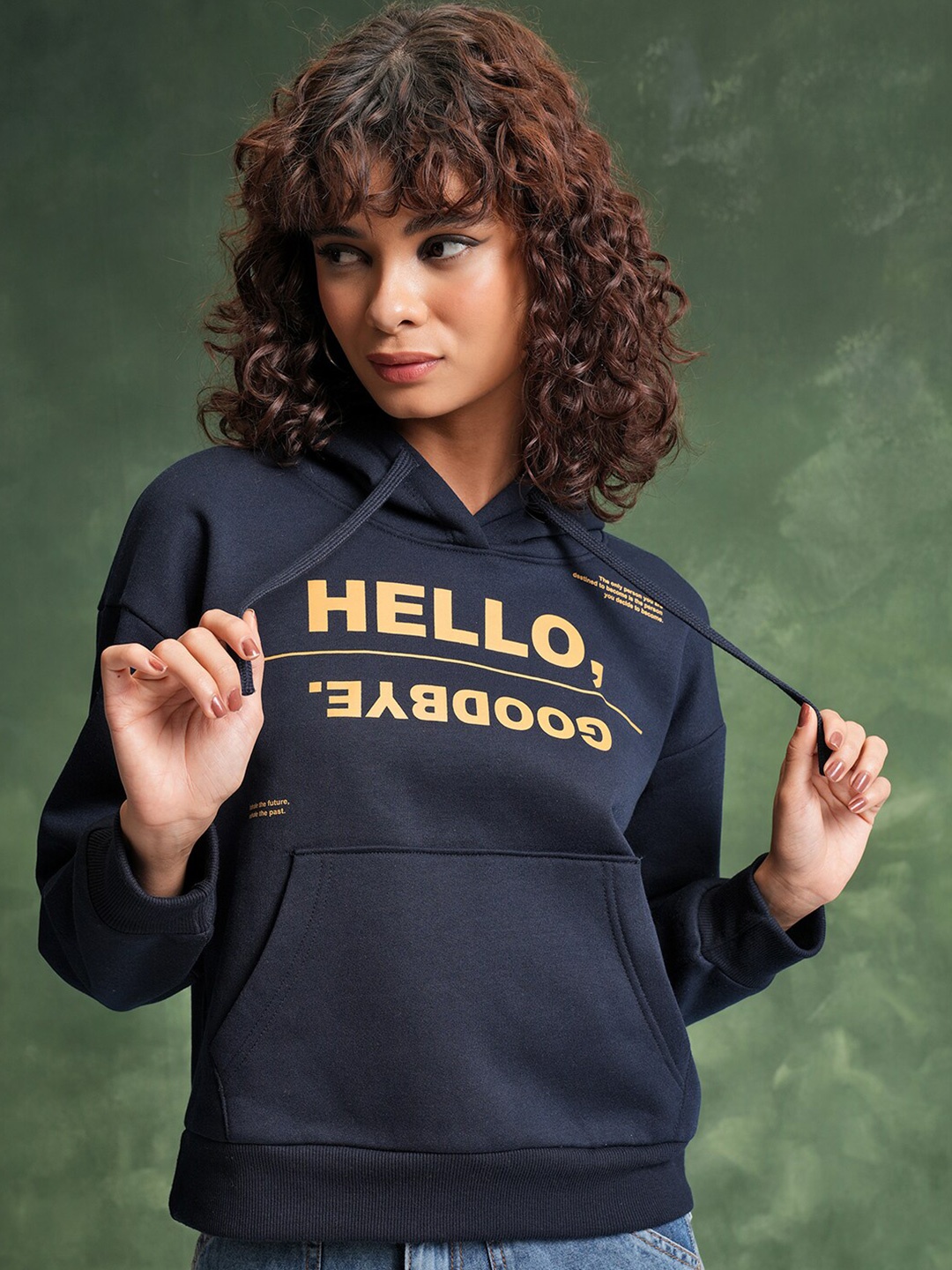 

Tokyo Talkies Navy Blue Typography Printed Hooded Pullover Sweatshirt