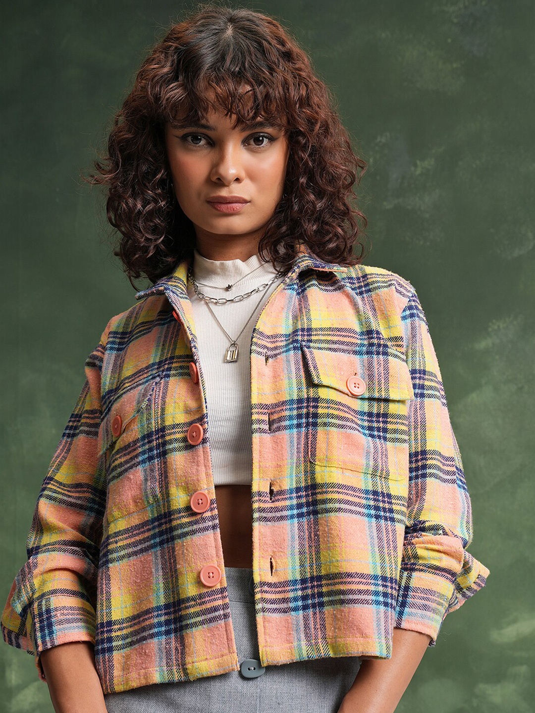 

Tokyo Talkies Tartan Checked Oversized Flannel Checked Shirt, Peach