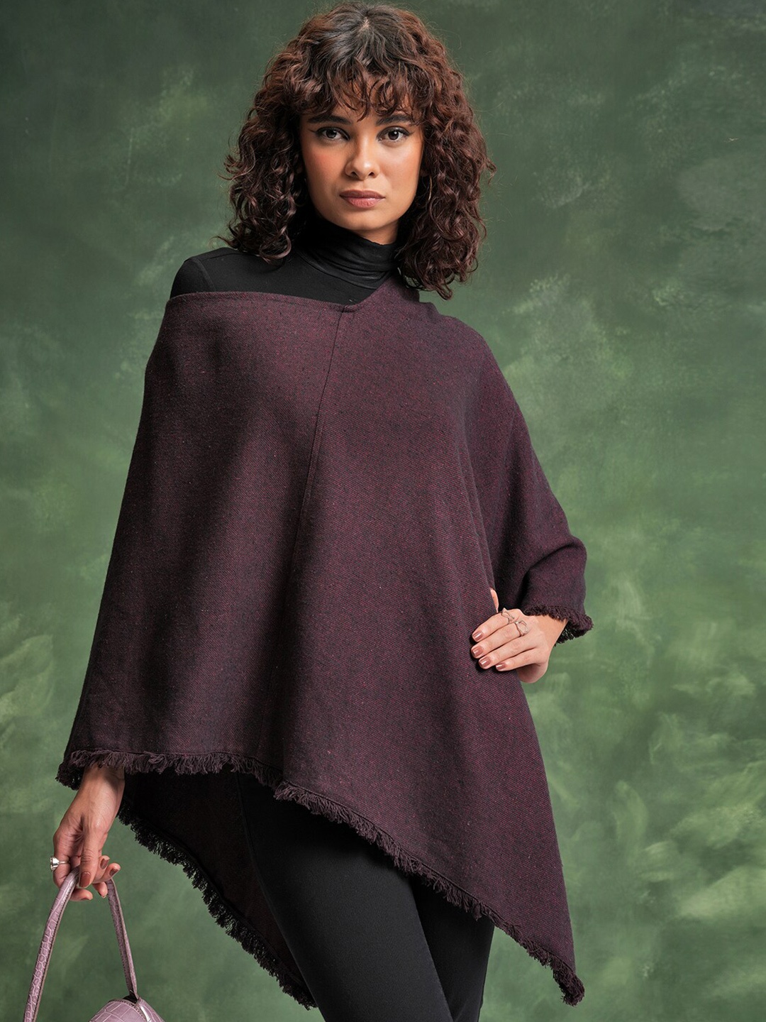 

Tokyo Talkies V- Neck Tasseled Hem Asymmetric Poncho, Purple