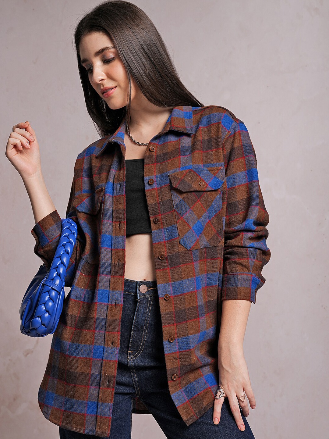 

Tokyo Talkies Tartan Checked Oversized Flannel Checked Shirt, Brown