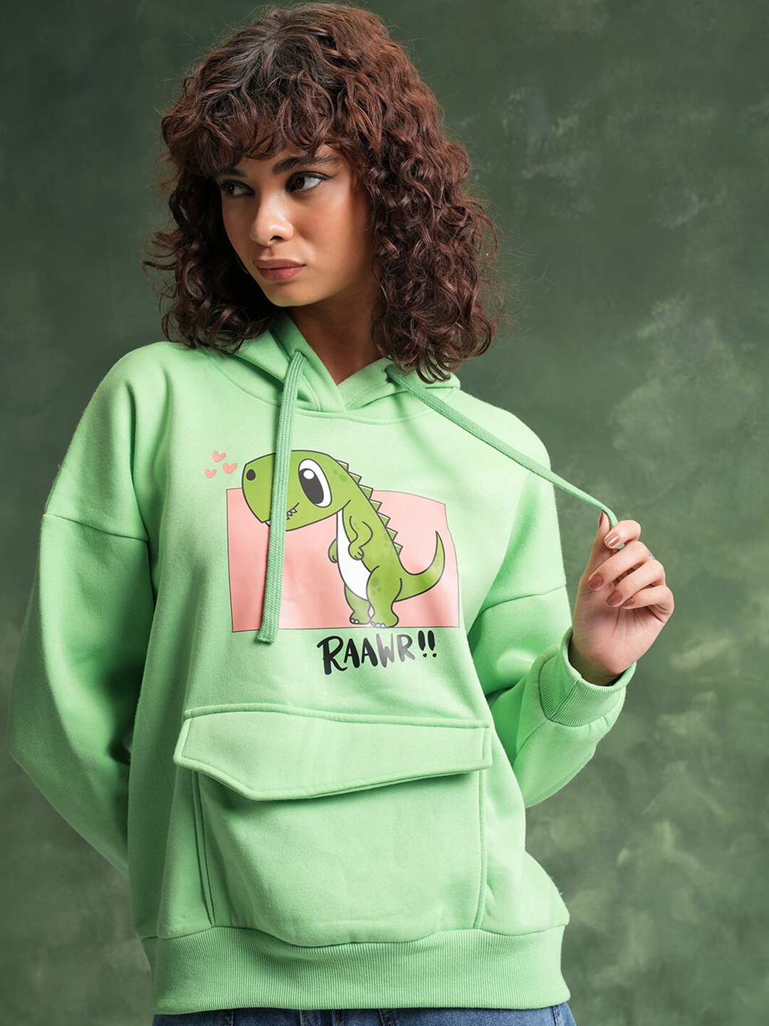 

Tokyo Talkies Green Graphic Printed Hooded Oversized Sweatshirt