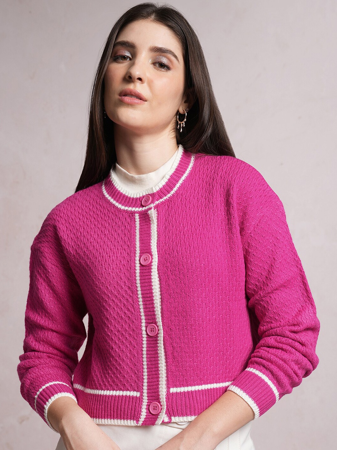 

Tokyo Talkies Pink Cable Knit Acrylic Cardigan