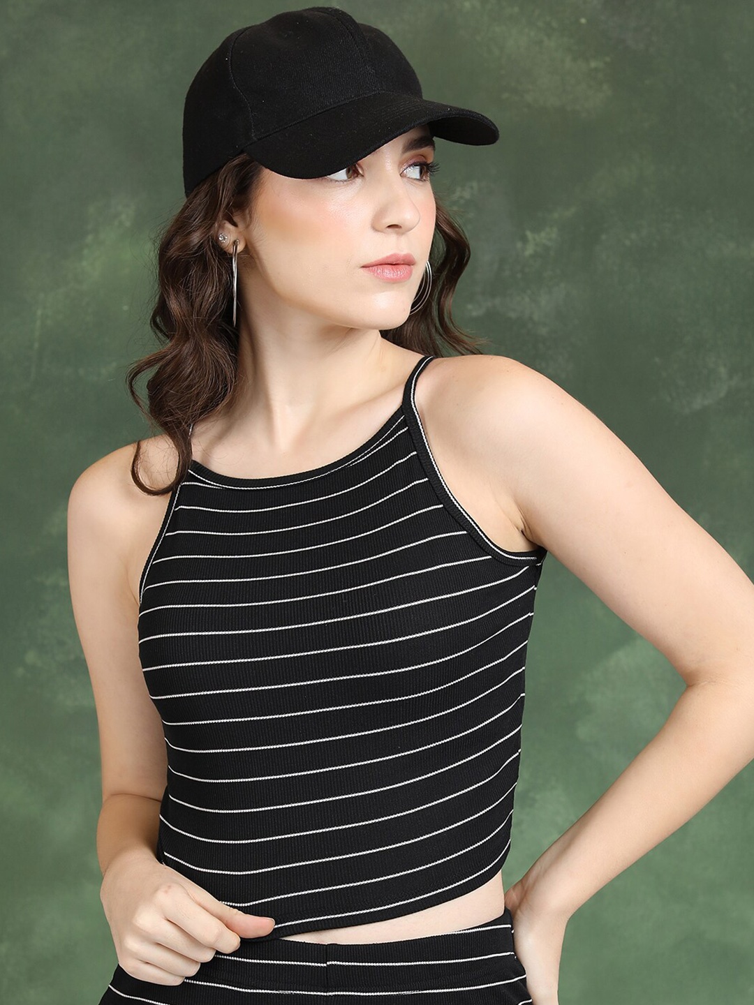 

Tokyo Talkies Black & White Striped Shoulder Strap Crop Regular Top