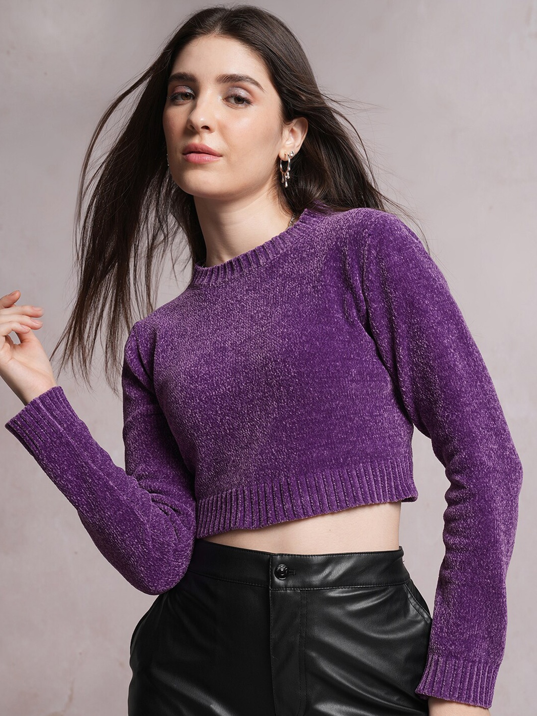 

Tokyo Talkies Purple Round Neck Crop Pullover