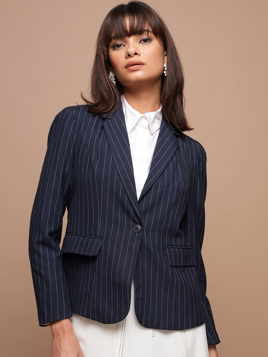 

CHIC BY TOKYO TALKIES Navy Blue Striped Notched Lapel Long Sleeve Single Breasted Blazer