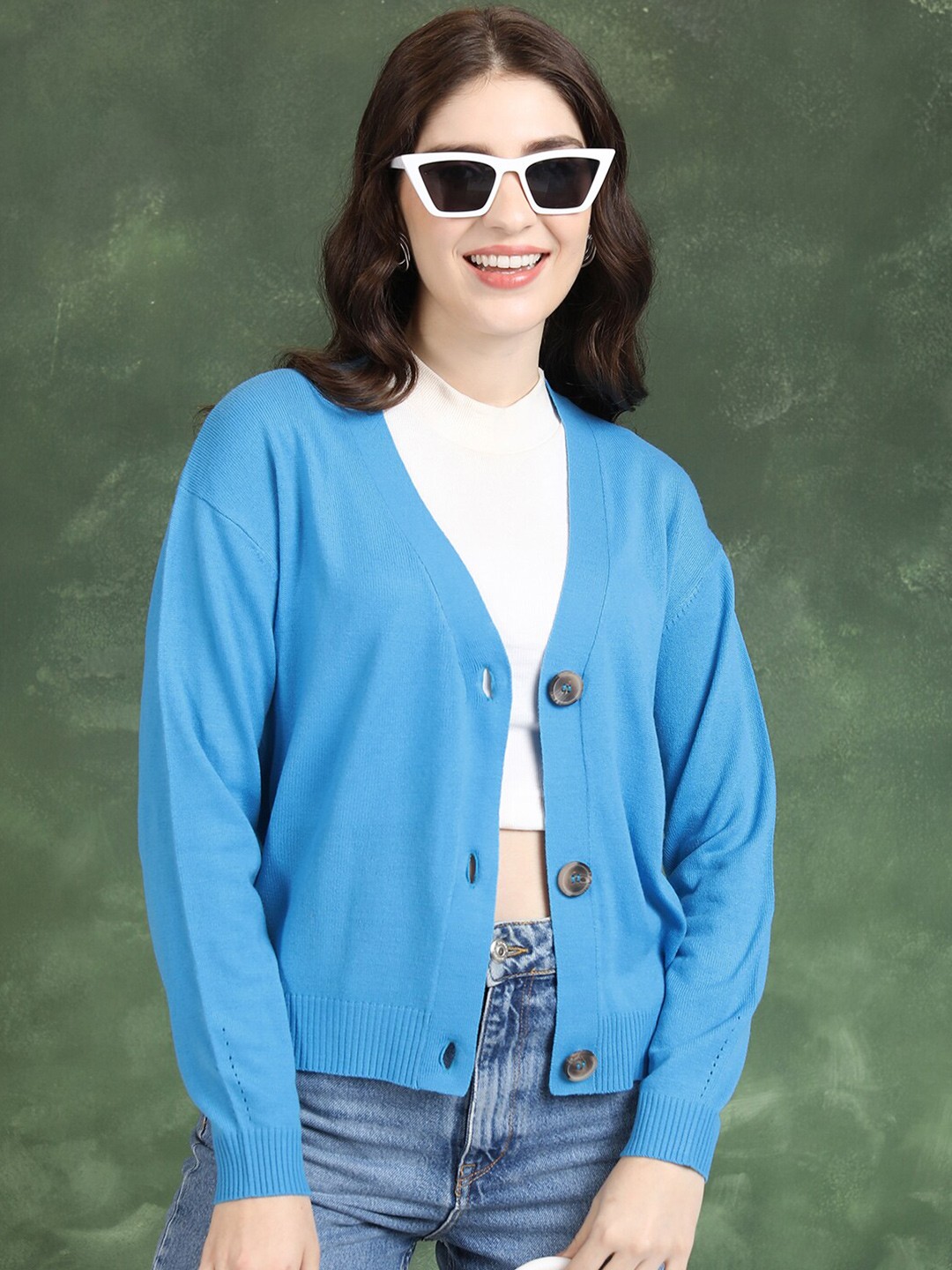 

Tokyo Talkies Blue V-Neck Acrylic Cardigan