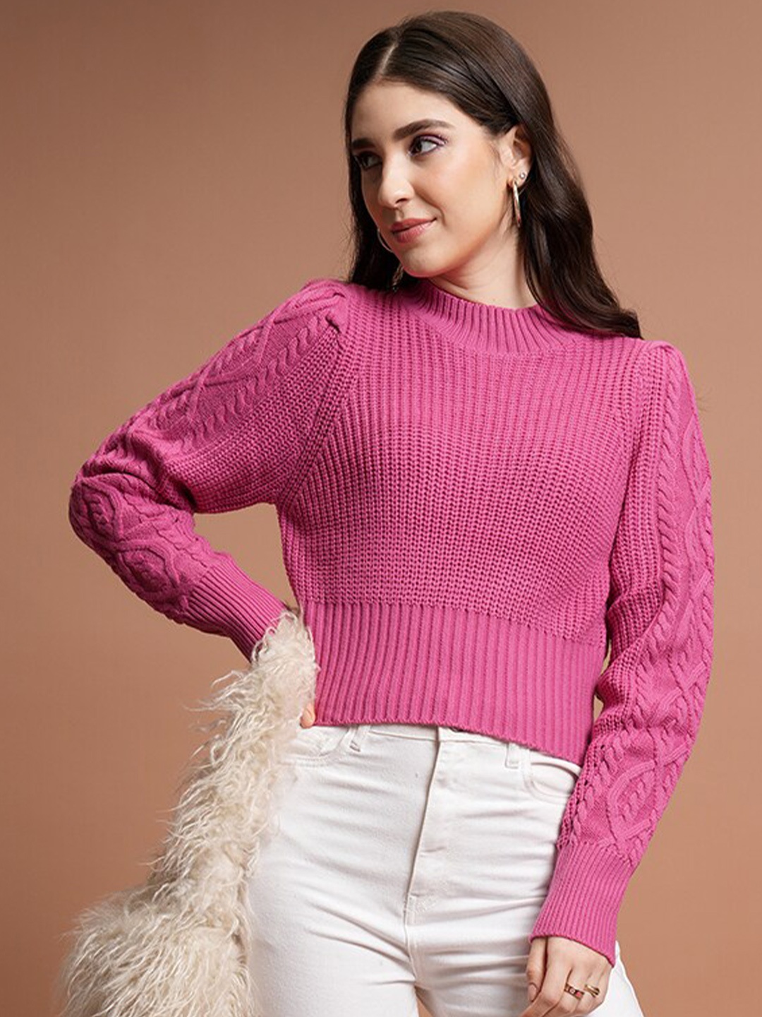 

Tokyo Talkies Pink Self Designed High Neck Acrylic Pullover