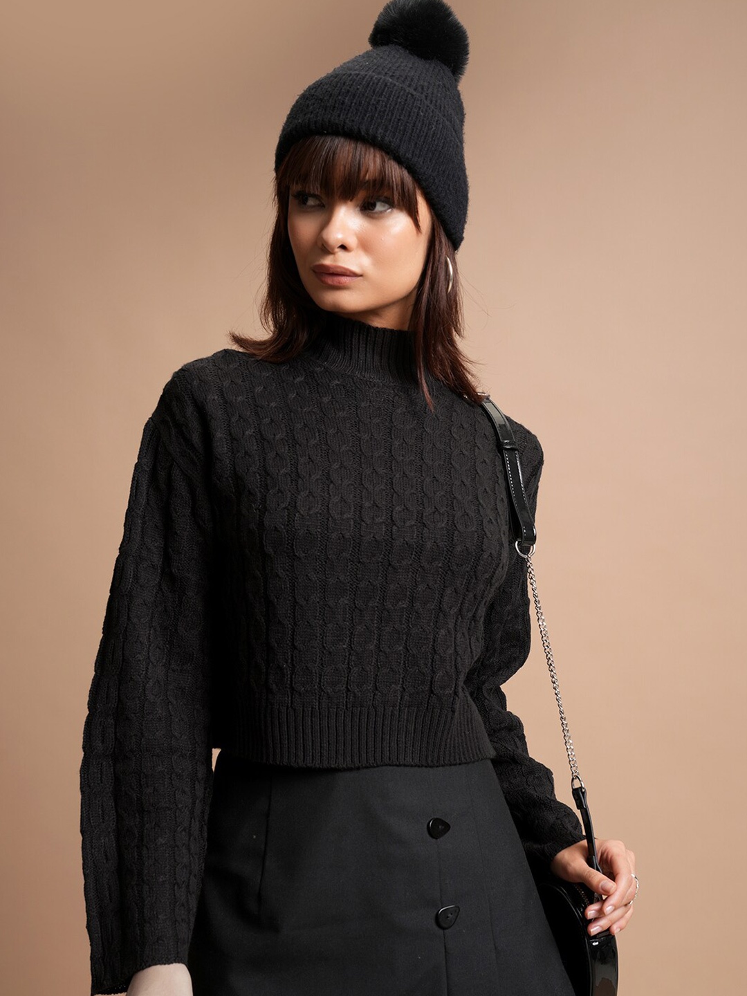 

Tokyo Talkies Black Cable Knit High Neck Pullover