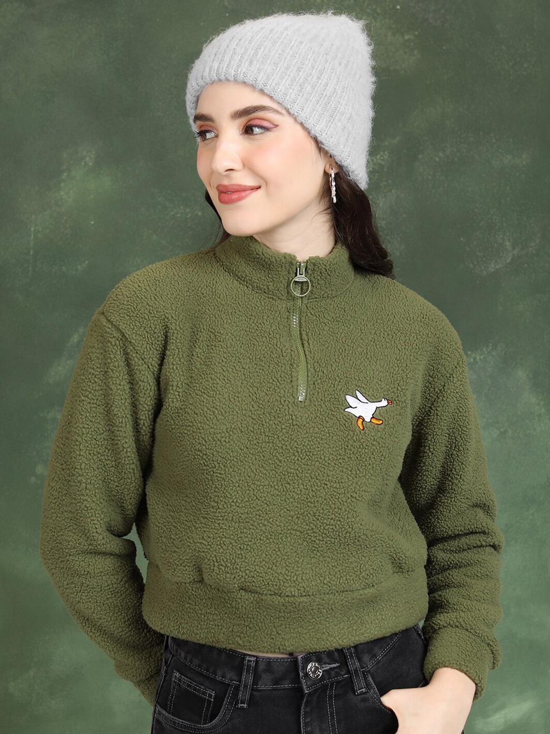 

Tokyo Talkies Olive Green Mock Collar Crop Pullover Sweatshirt