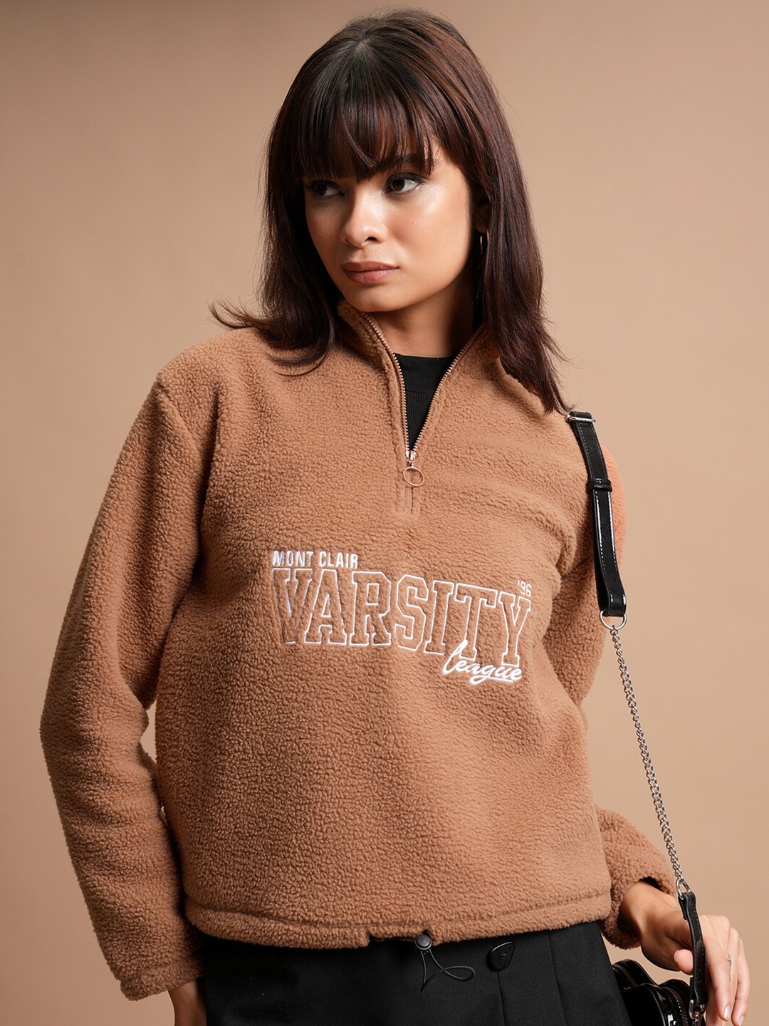 

Tokyo Talkies Brown Typography Printed Long Sleeve Zip Detail Pullover Sweatshirt