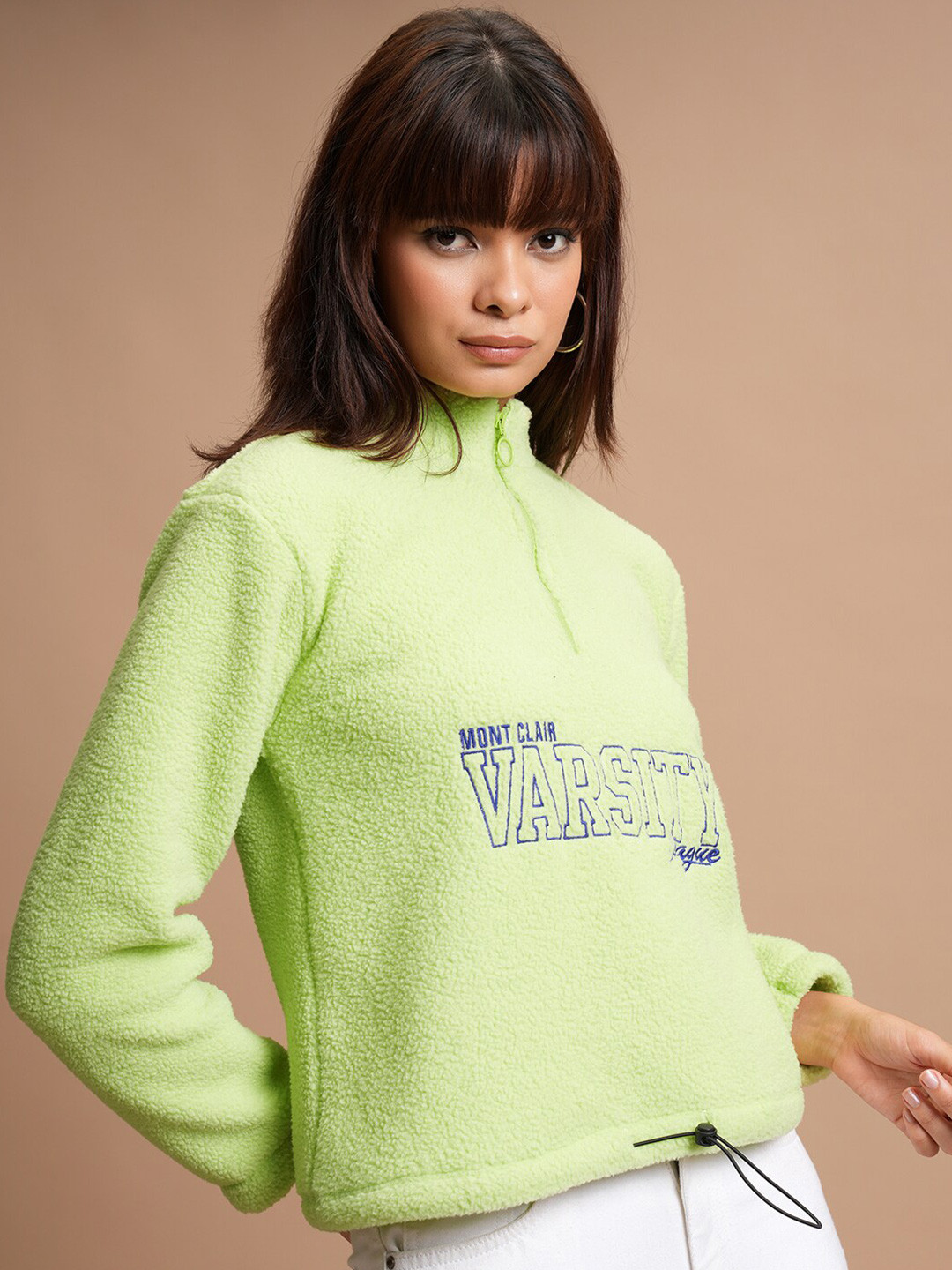 

Tokyo Talkies Green Typography Printed Long Sleeve Zip Detail Pullover Sweatshirt