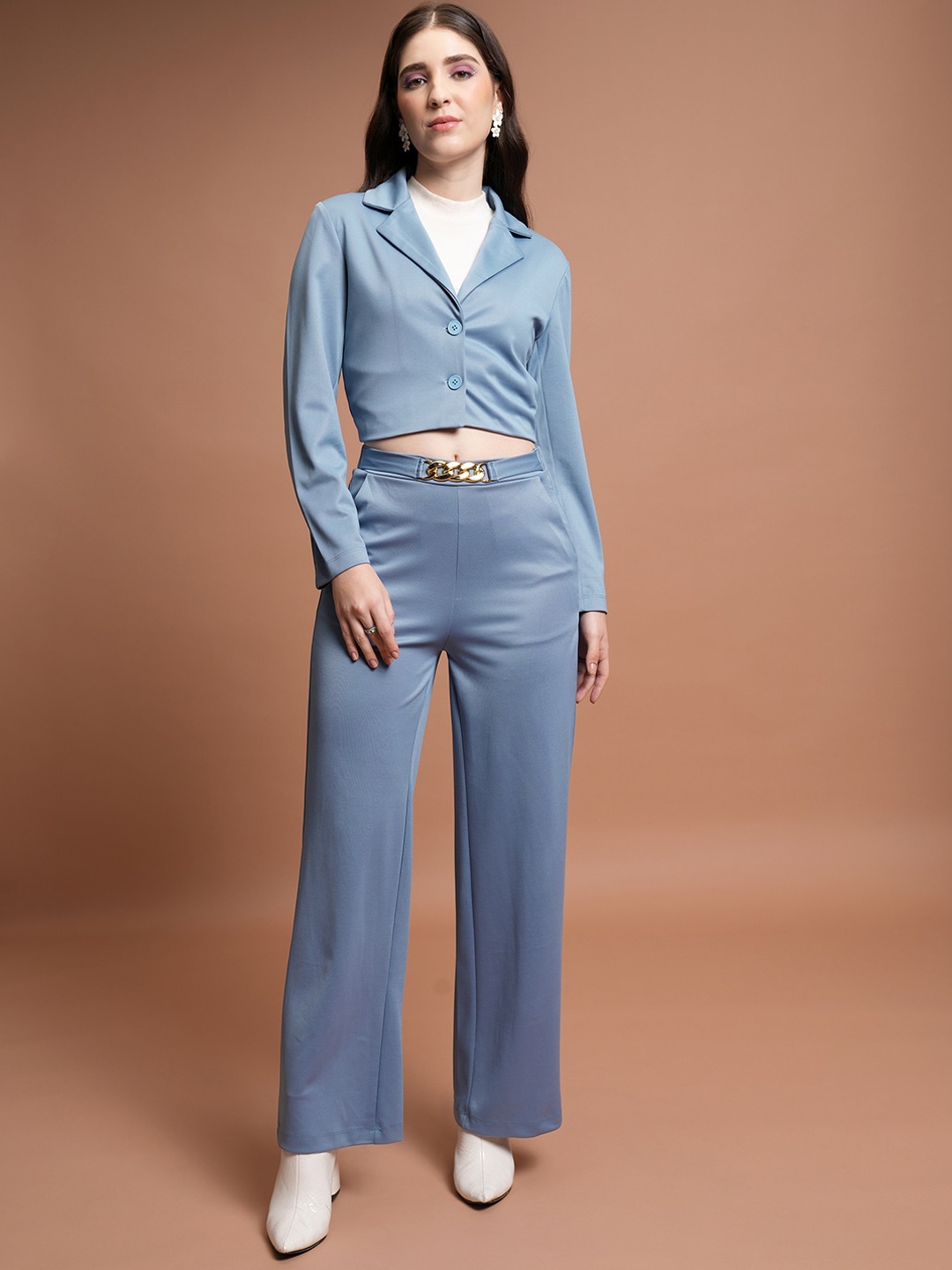 

Tokyo Talkies Notched Lapel Crop Blazer With Flared Trousers, Blue