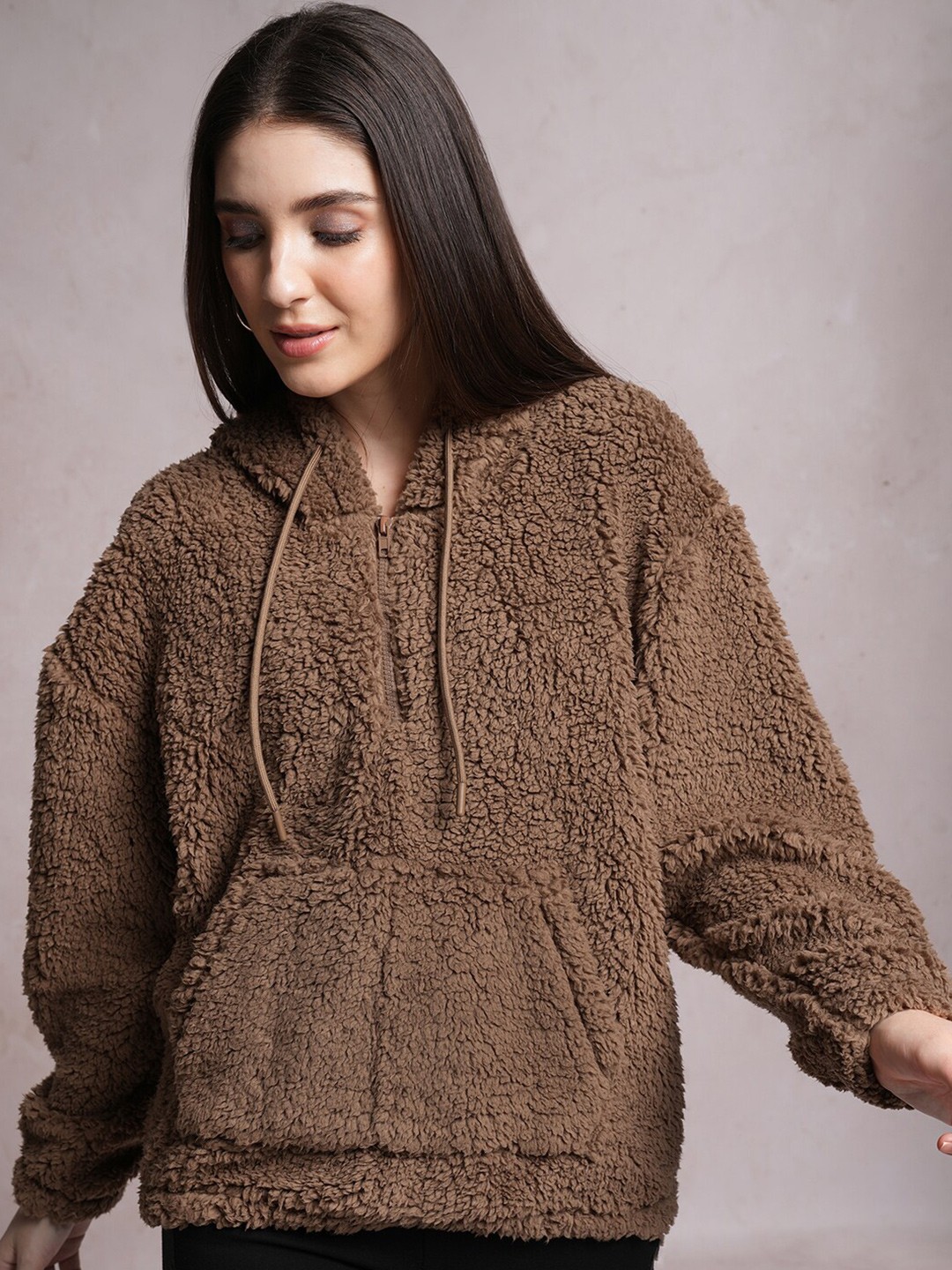 

Tokyo Talkies Brown Self Design Hooded Neck Long Sleeve Zip Detail Pullover Sweatshirt
