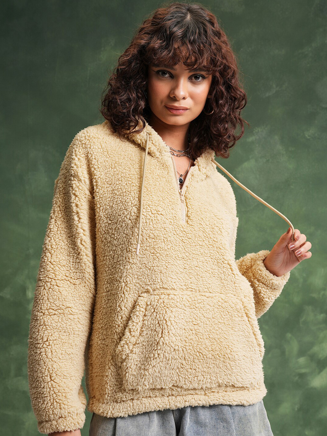 

Tokyo Talkies Beige Self Design Hooded Sweatshirt