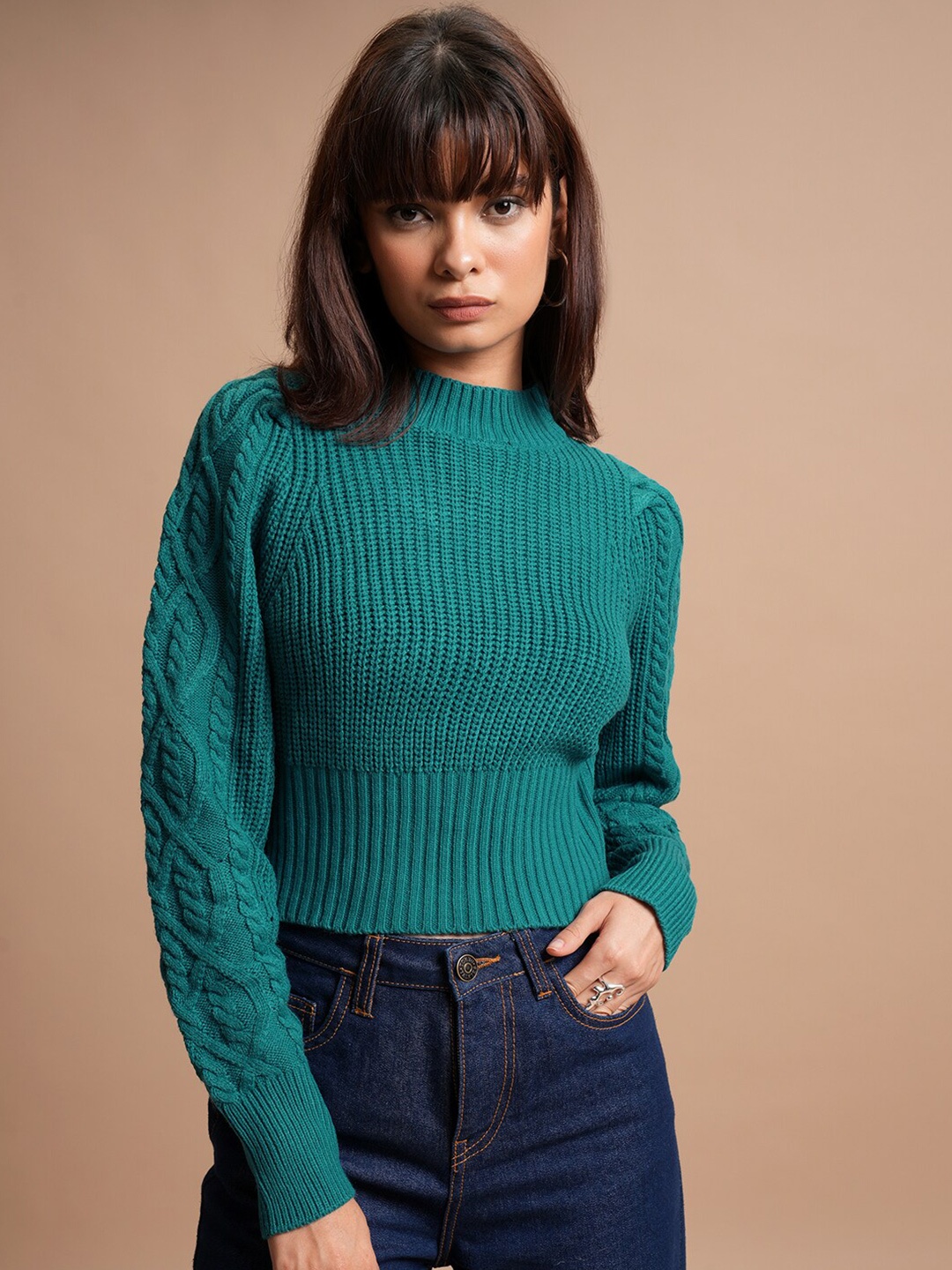 

Tokyo Talkies Flat Knit Mock Collar Acrylic Pullover, Teal