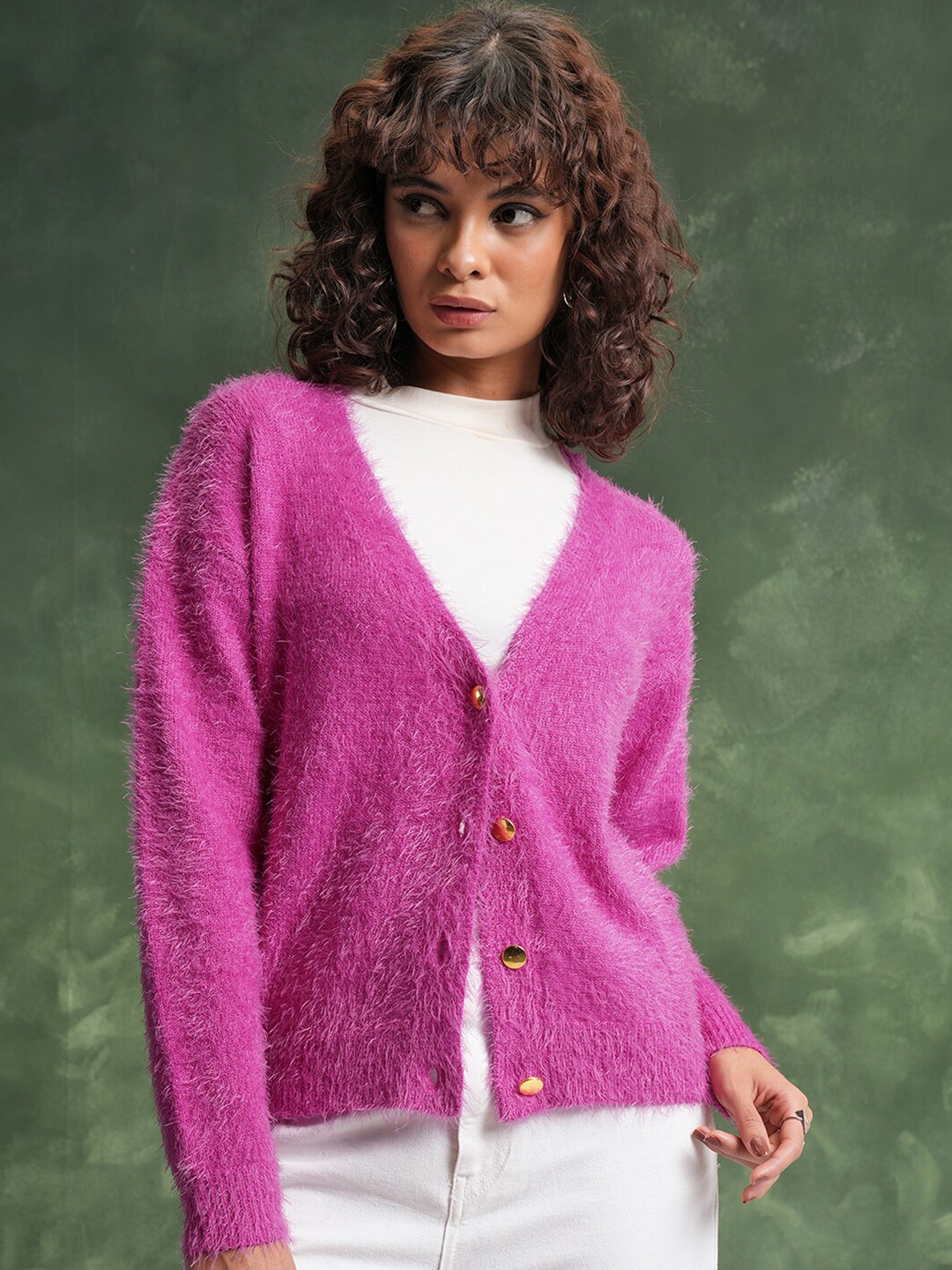 

Tokyo Talkies Pink Self Designed V-Neck Acrylic Cardigan