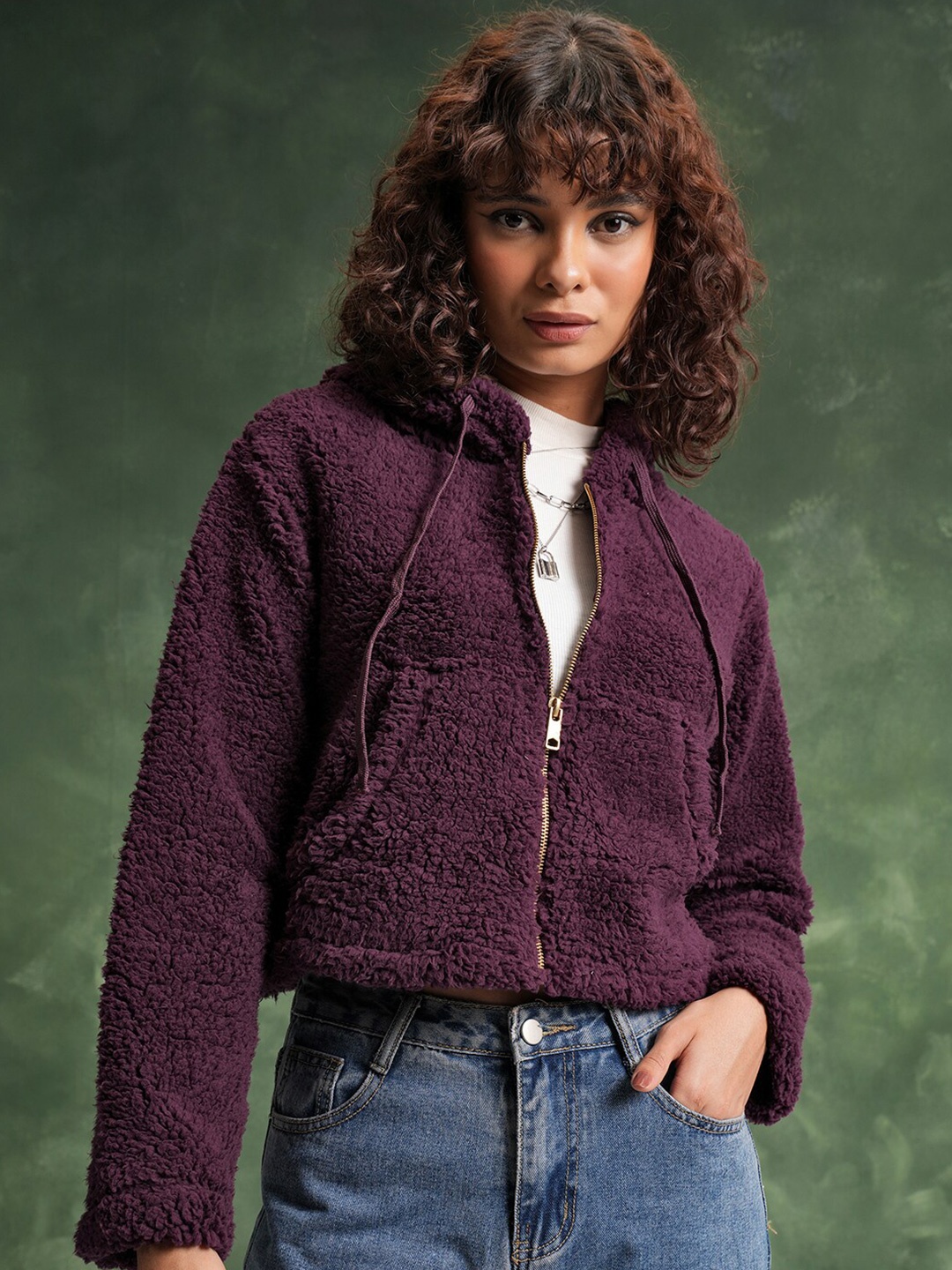 

Tokyo Talkies Burgundy Hooded Front-Open Crop Sweatshirt