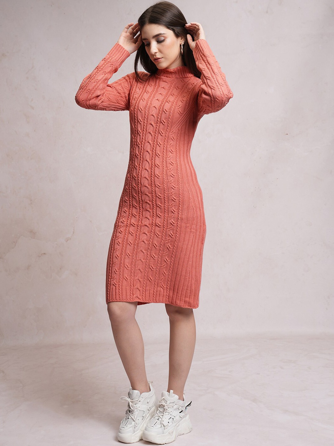 

Tokyo Talkies Orange Geometric Self Design Wool Bodycon Dress