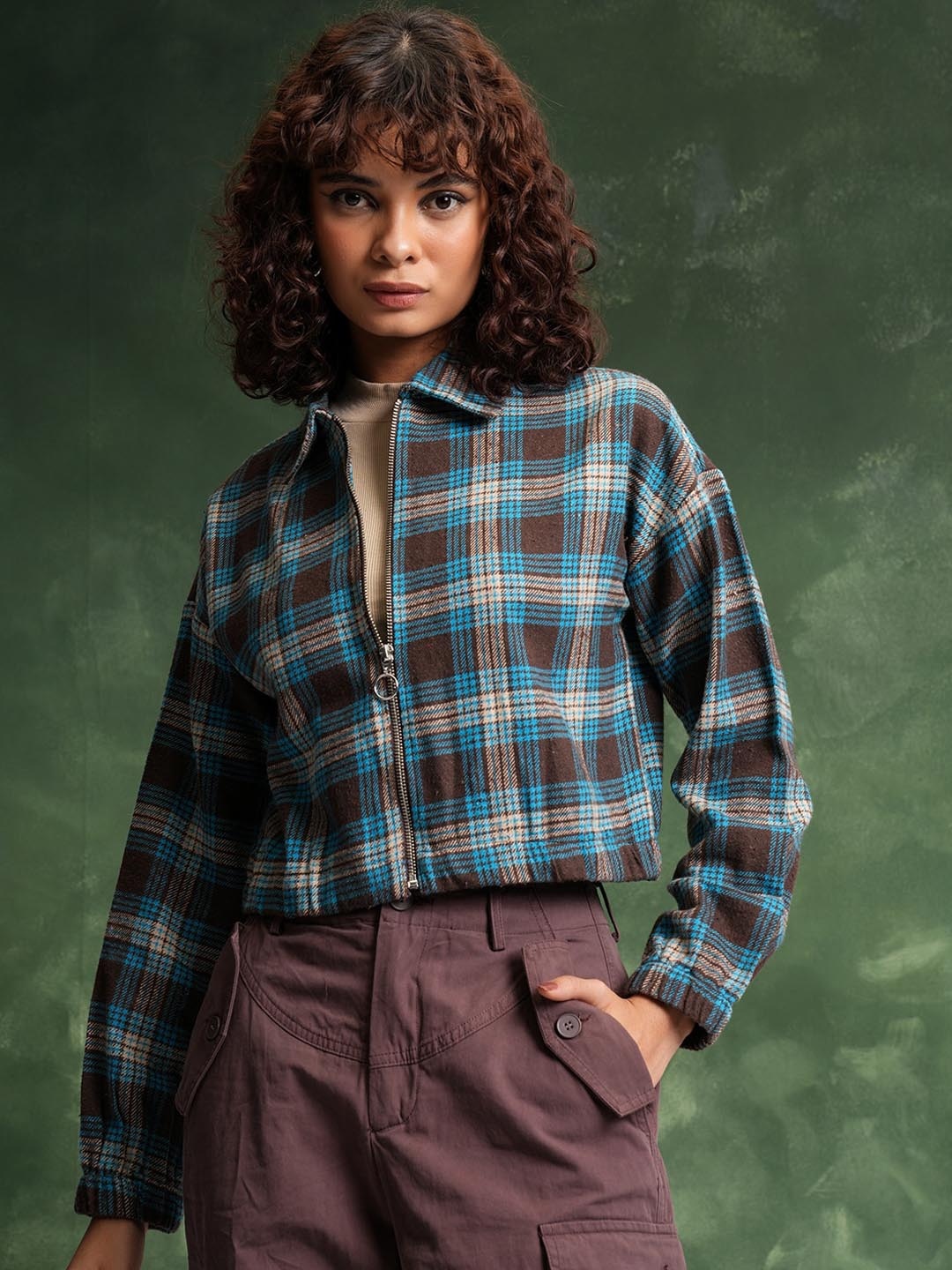 

Tokyo Talkies Flannel Checked Crop Tailored Jacket, Brown