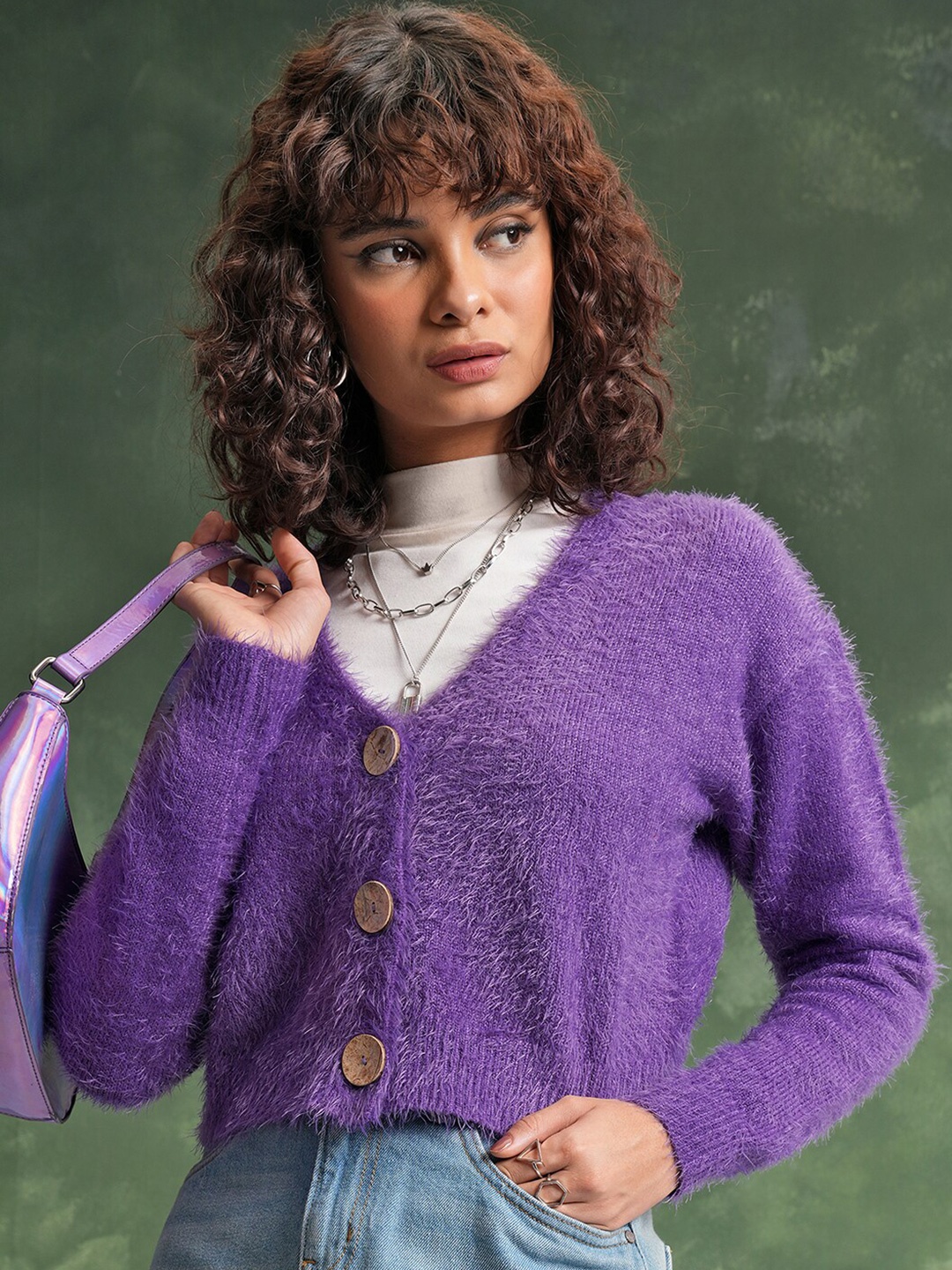 

Tokyo Talkies V-Neck Acrylic Fuzzy Crop Cardigan, Purple