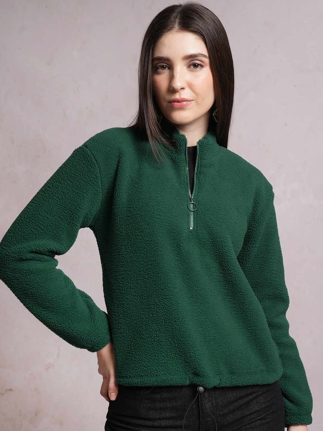 

Tokyo Talkies Green Self Design Hooded Sweatshirt