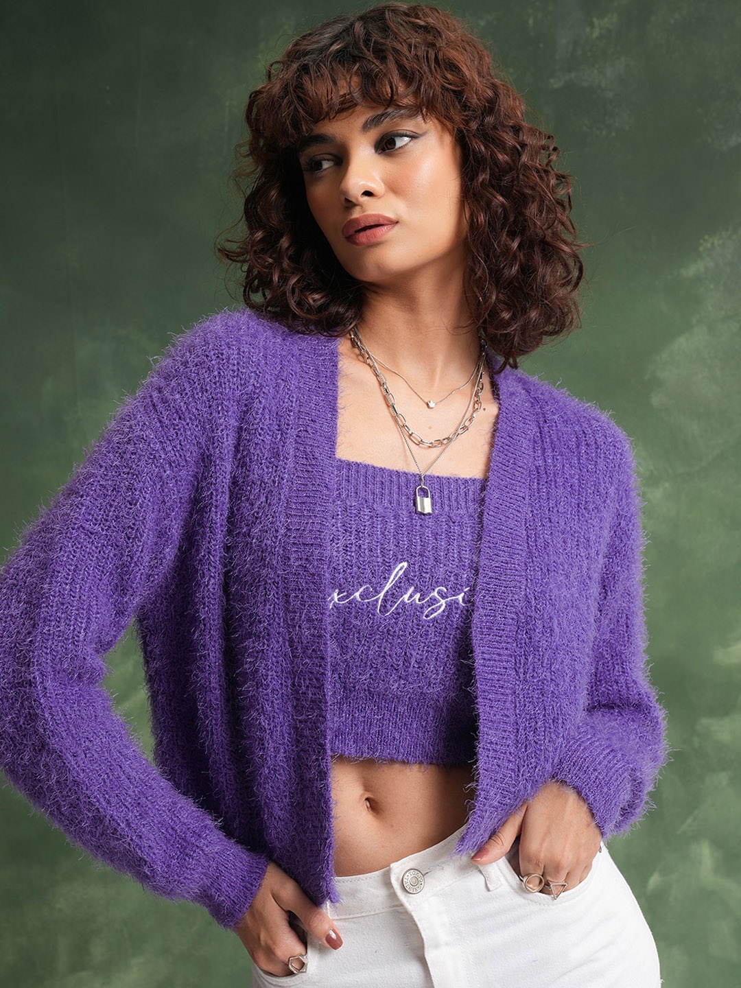 

Tokyo TalkiesFur Top with Cardigan Sweater, Purple